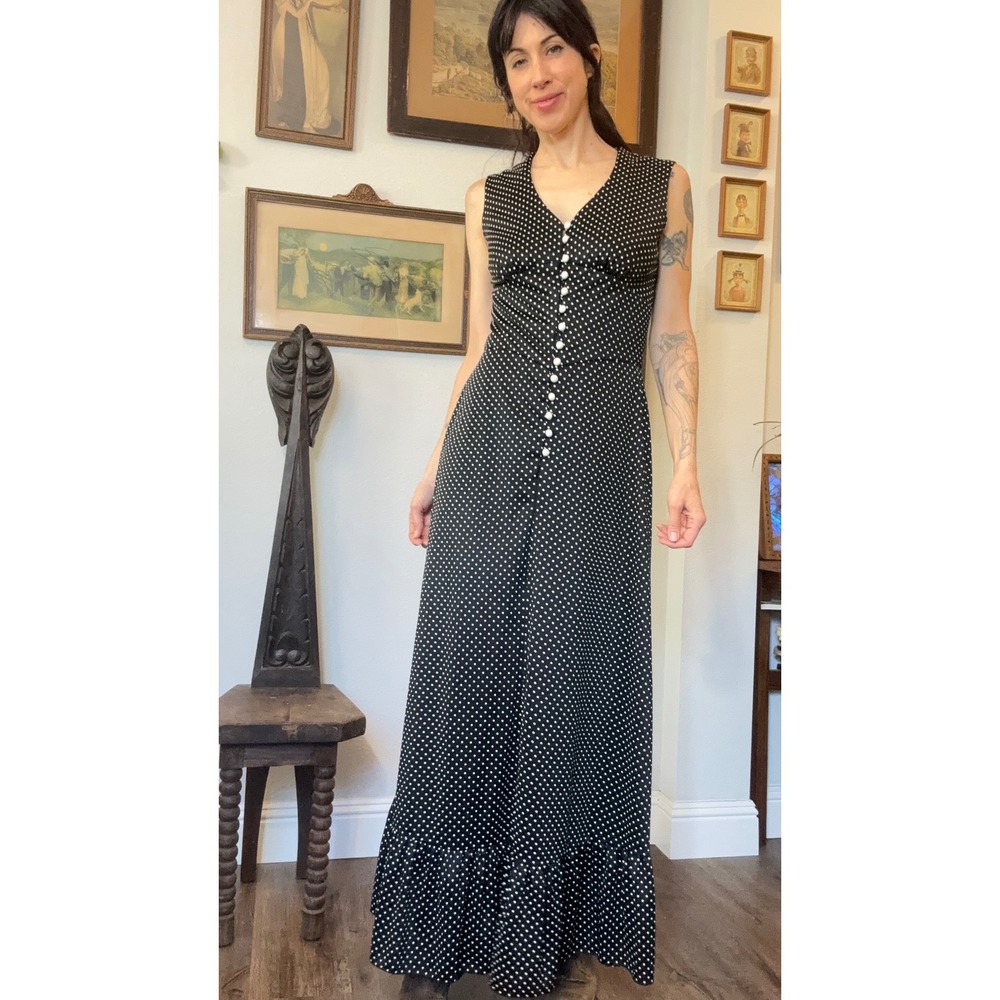 Vintage Lanzillotti Bzzz-Bzzz Polka Dot Maxi Dress Black White Button Front 12